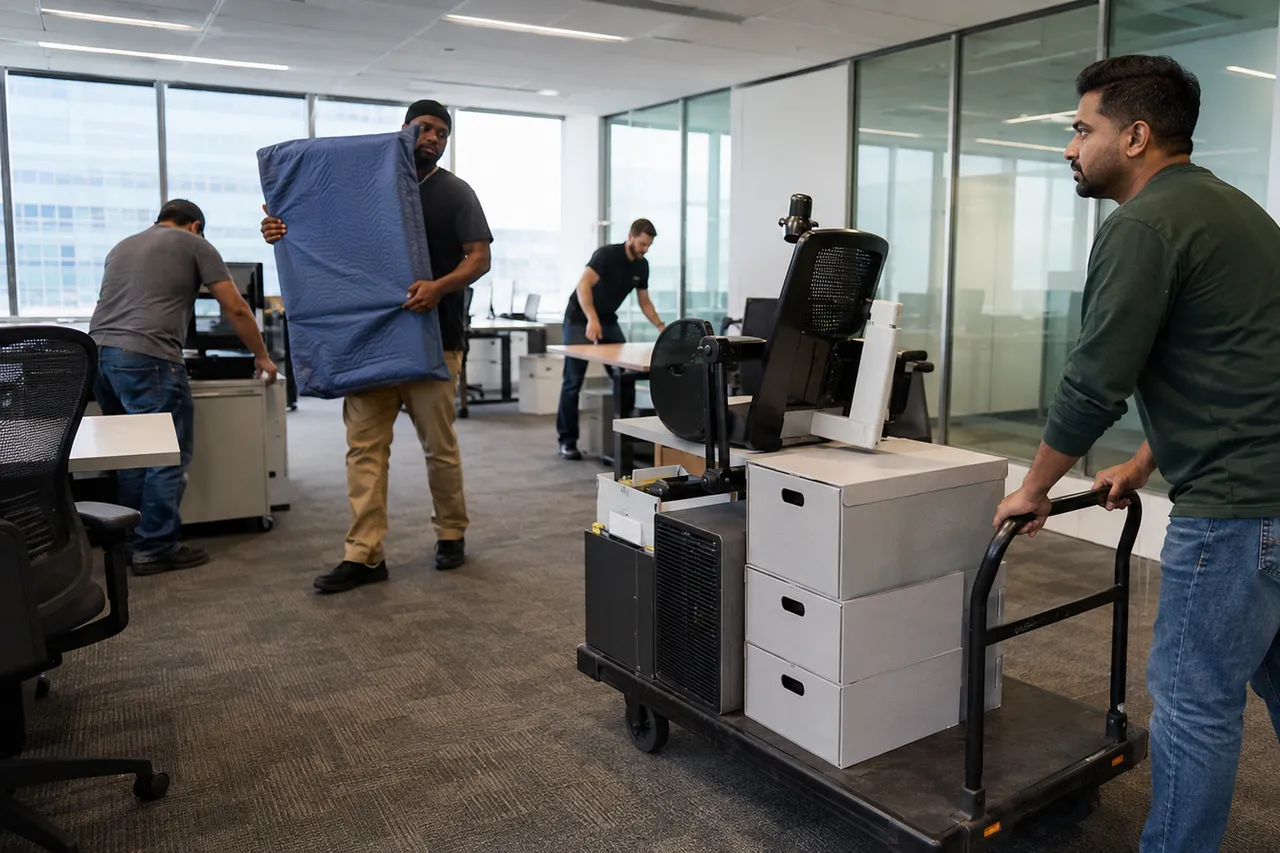 Équipe commerciale installant des postes de travail dans un centre-ville canadien